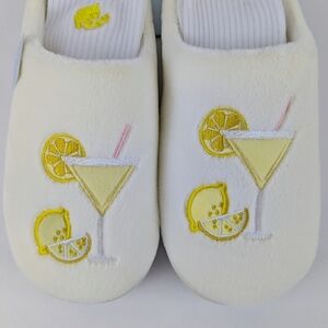 Slippers Lemon Drop Martini Embroidery Faux Fur Slip On Ivory L (8-9) NWT